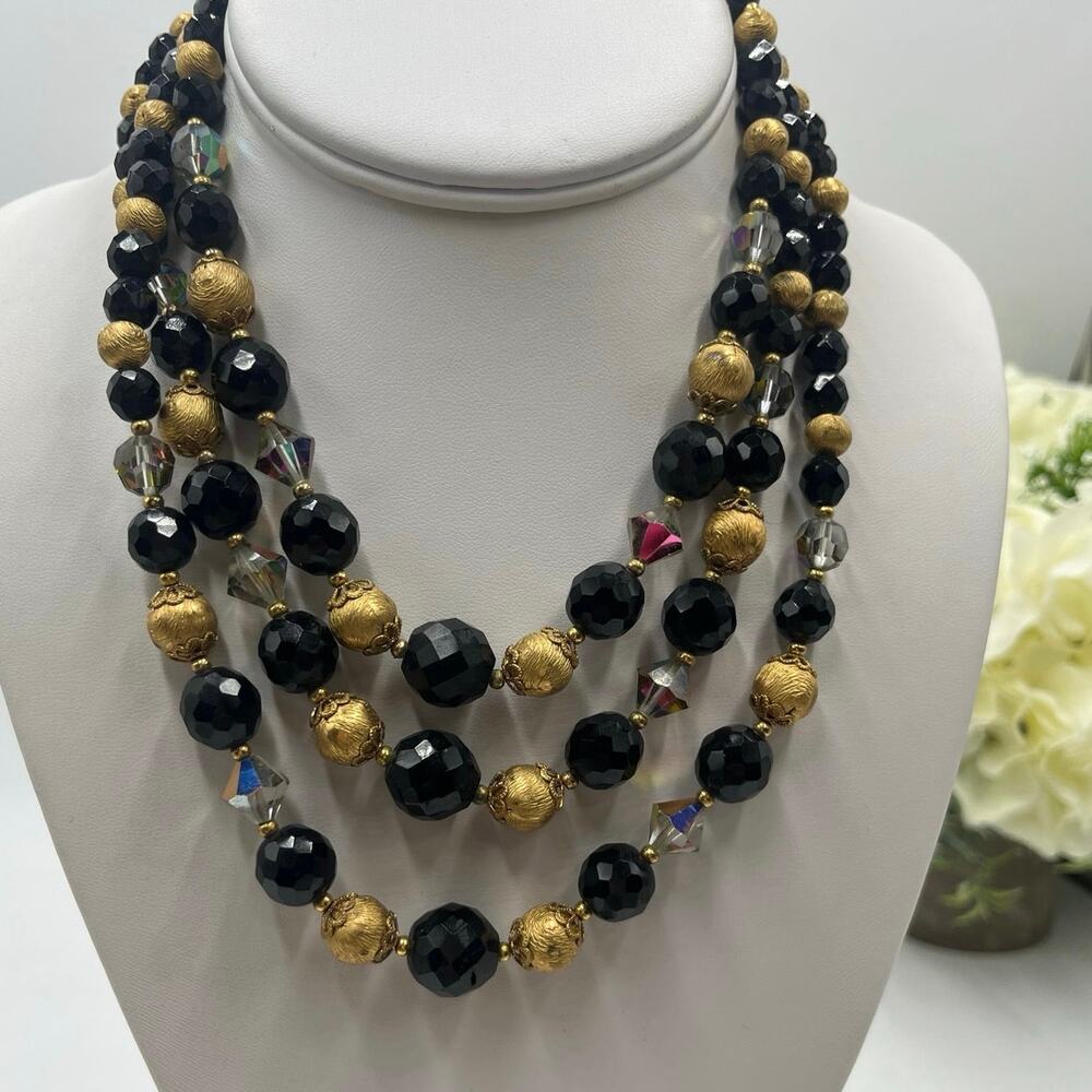 Vintage Triple Strand Unsigned Black and Gold Glass and Acrylic Layered Necklace